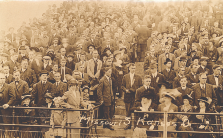 TIGER WATCHING Fans take in the 1913 Mizzou Homecoming game between the Missouri Tigers and the Kansas Jayhawks. For years, third-party ammunition has fueled debates about which university can be credited with starting the Homecoming tradition. Recognition from Jeopardy! and Trivial Pursuit is often touted as supporting evidence by Mizzou fans. Several universities have also challenged Mizzou’s claim as the birthplace of Homecoming. University Archives photo C:0/46/7