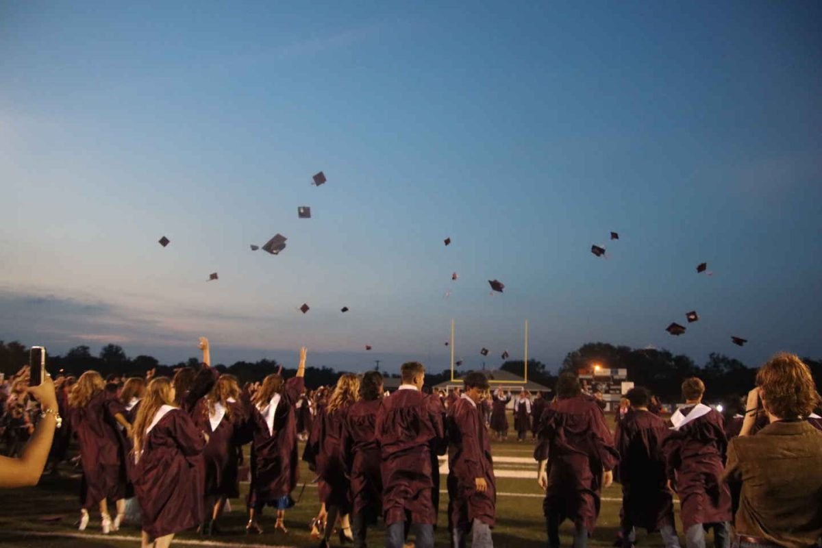 Hat toss from the class of 2025 at the end of the graduation ceremony that took place on Friday, May 23, 2025 at Brahma Memorial Stadium.