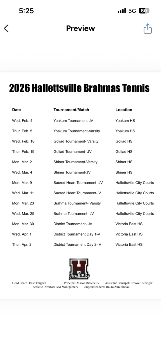 Hallettsville Tennis schedule for Varsity and JV